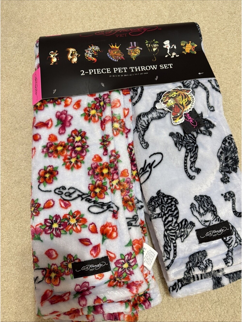 Ed Hardy 2pc Pet Throw Set Blue Zebra And Blue W/ Flowers 27x44 NWT